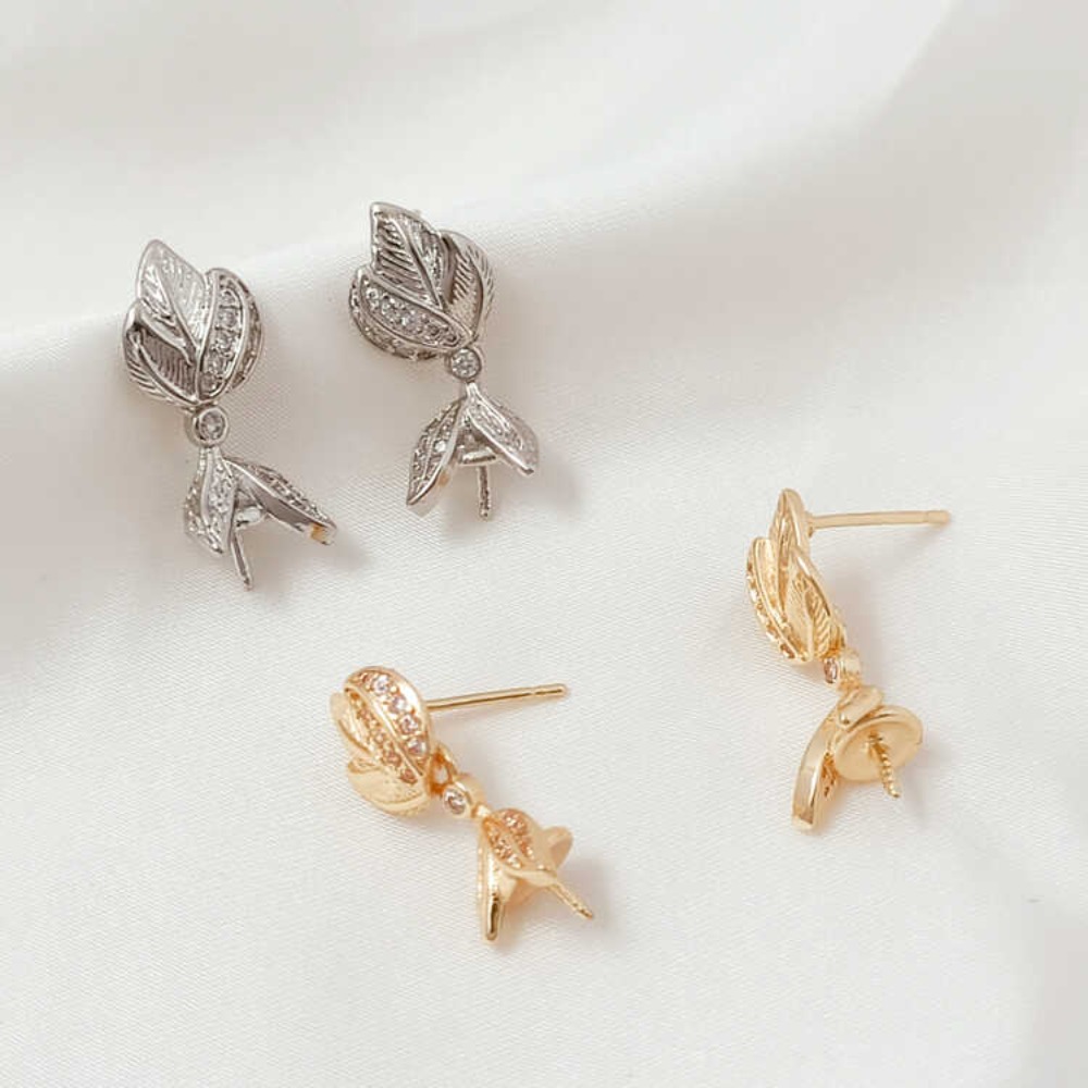 Pearl Stud Earrings - 14K Micro-zirconium Baroque Brushed Magnolia Flower