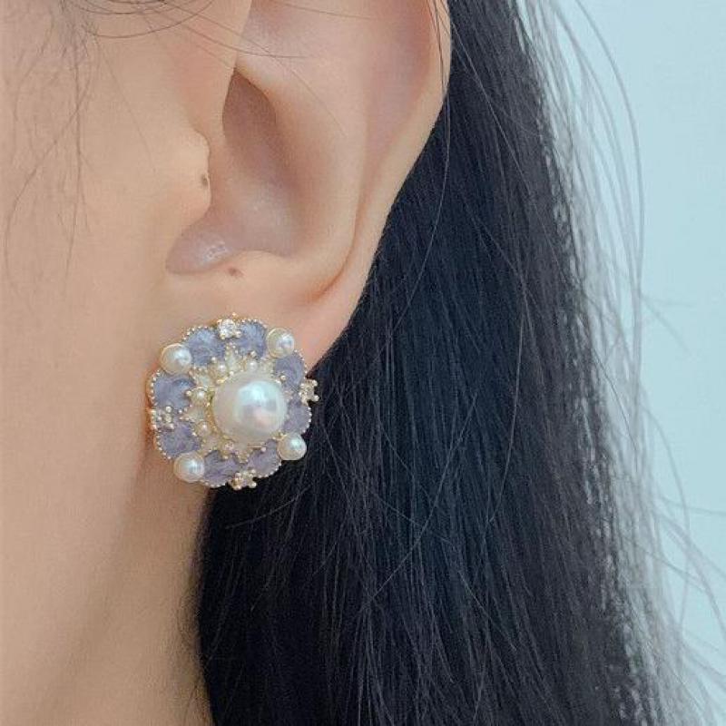 Pearl Stud Earrings - 925 Silver Needle Vintage Purple Oil