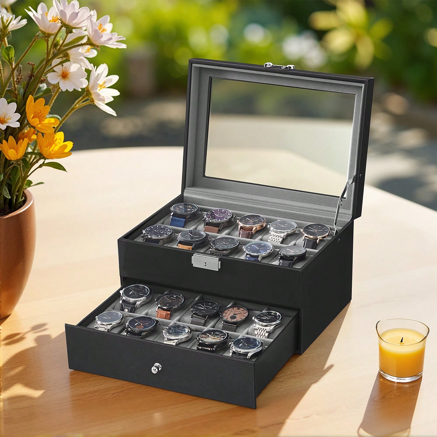20-Slot Watch Box with Glass L - огляд і ціна Watches Jewelry Holder