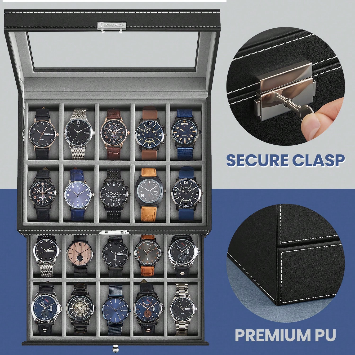 20-Slot Watch Box with Glass L - огляд і ціна Watches Jewelry Holder
